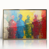 Framed abstract figurative wall art design featuring bold gold accents and a sleek black frame, perfect for modern home decor.