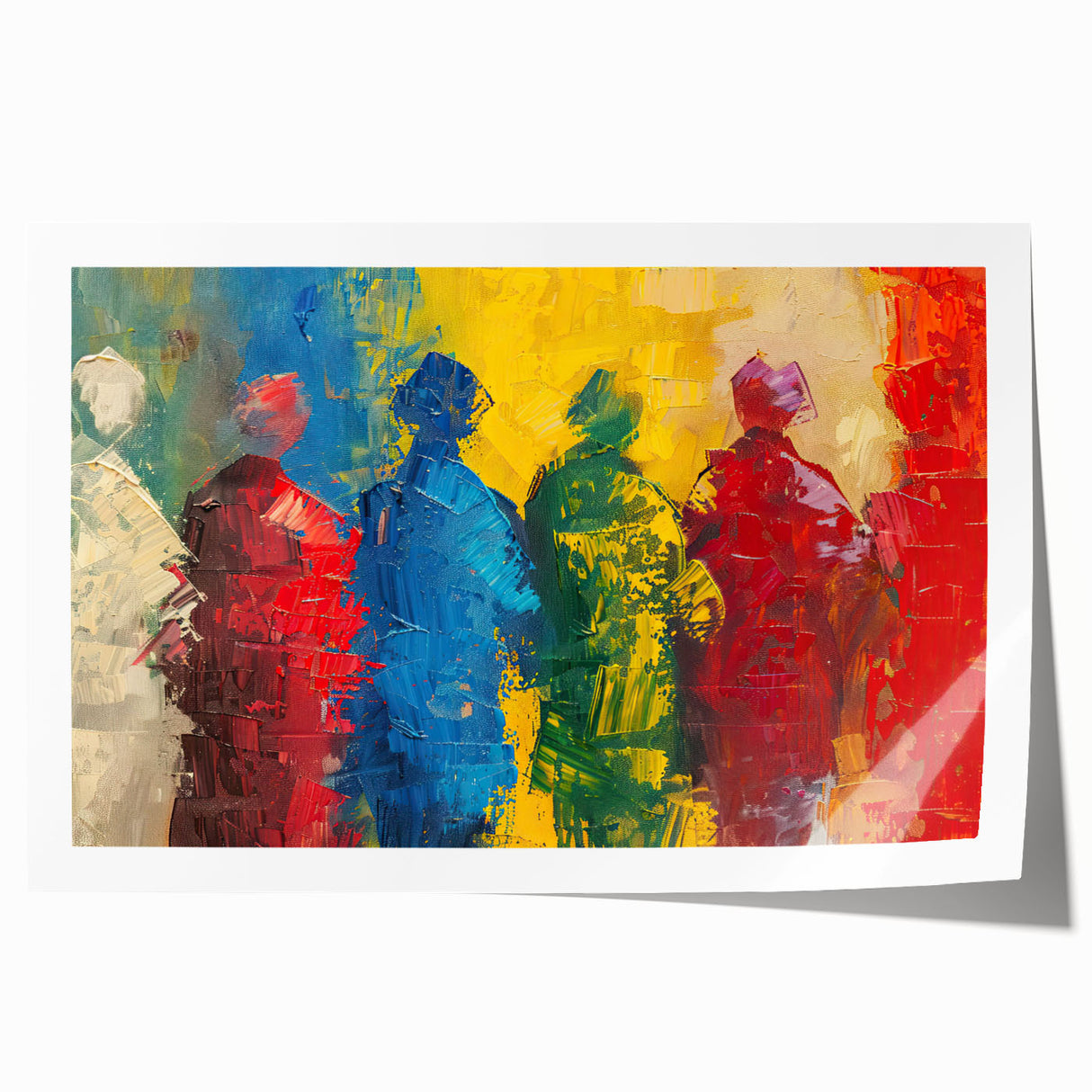 Abstract figurative wall art print showcasing vibrant colors and dynamic shapes, perfect for modern home decor or artistic display.