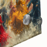 Close-up of vibrant abstract figurative wall art collection, showcasing fluid shapes and colors in acrylic glass for modern decor.