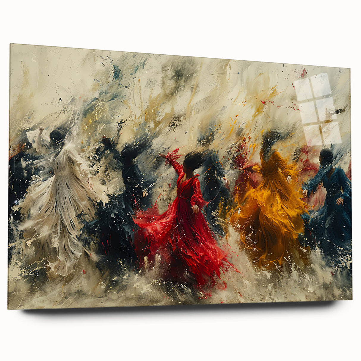 Side view of an abstract figurative wall art piece, showcasing vibrant colors and modern design in acrylic glass, perfect for contemporary decor.