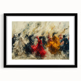 Framed abstract figurative wall art showcasing a modern design with bold colors and shapes, featuring a sleek black frame and mat.