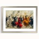 Abstract figurative wall art featuring a silver-framed design with a mat, showcasing fluid shapes and vibrant colors, ideal for modern decor.