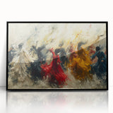 Framed abstract figurative wall art in black, showcasing dynamic shapes and vibrant colors, perfect for modern home decor.