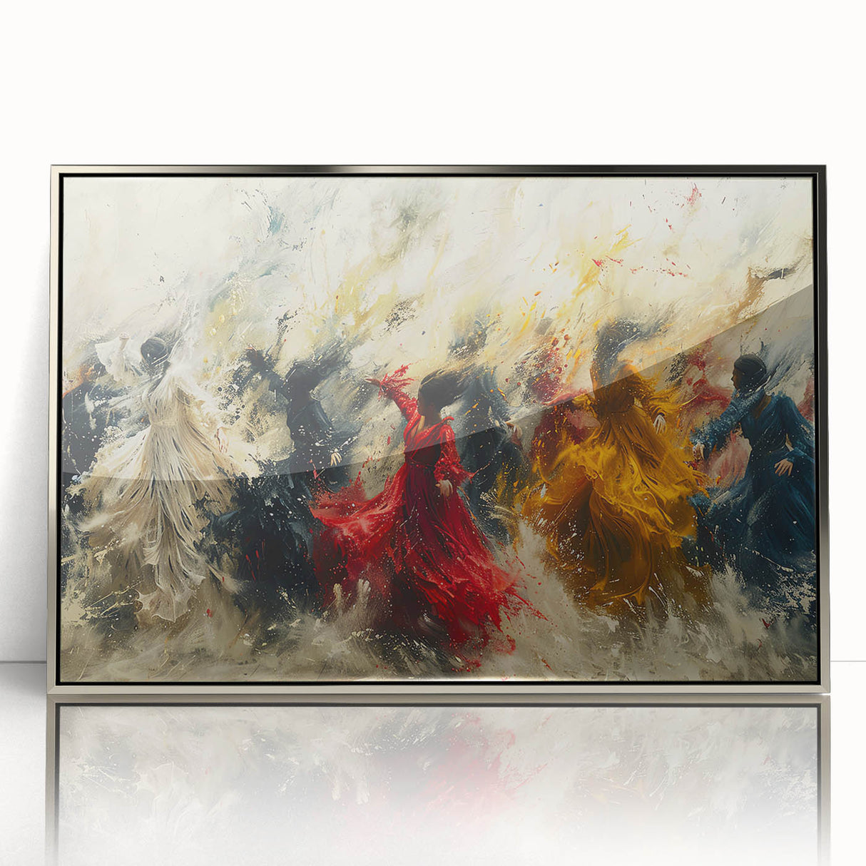 Framed abstract figurative wall art design in silver tones, showcasing dynamic shapes and modern aesthetics, perfect for contemporary decor.