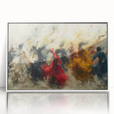 Framed abstract figurative wall art design showcasing vibrant colors and dynamic shapes, presented in a sleek white frame for modern decor.