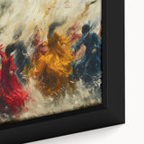 Framed canvas artwork showcasing an abstract figurative design with vibrant colors and intricate textures, ideal for modern home decor.