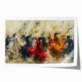 Abstract figurative wall art print showcasing vibrant colors and dynamic shapes, perfect for modern home décor. Rolled for easy shipping.