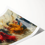 Abstract figurative wall art print showcasing vibrant colors and dynamic shapes, rolled for easy shipping and framing, perfect for modern decor.