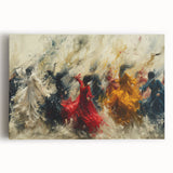 Abstract figurative wall art design on stretched canvas, showcasing vibrant colors and dynamic shapes, perfect for modern home decor.