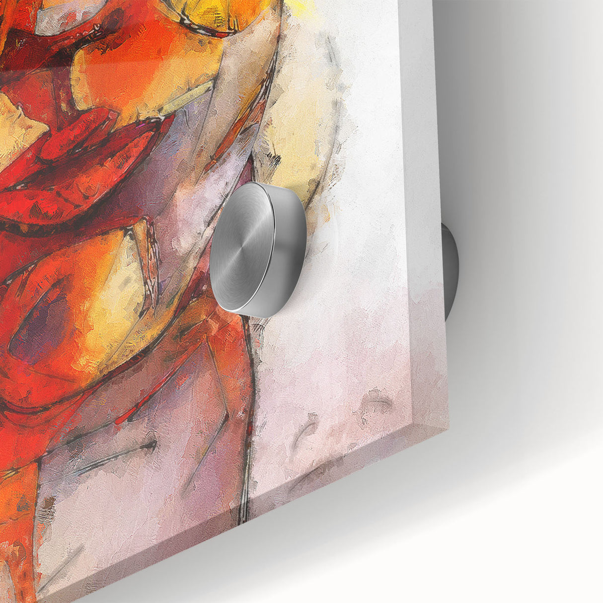 Close-up of an abstract figurative wall art design on acrylic glass, showcasing vibrant colors and intricate patterns, perfect for modern decor.