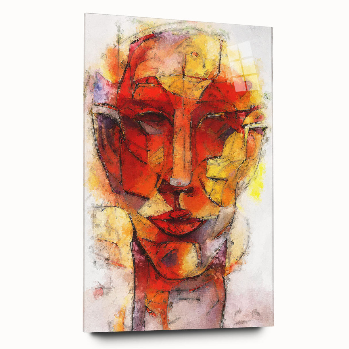 Abstract figurative wall art collection in acrylic glass, showcasing vibrant colors and dynamic shapes; side view emphasizes sleek design and modern aesthetics.