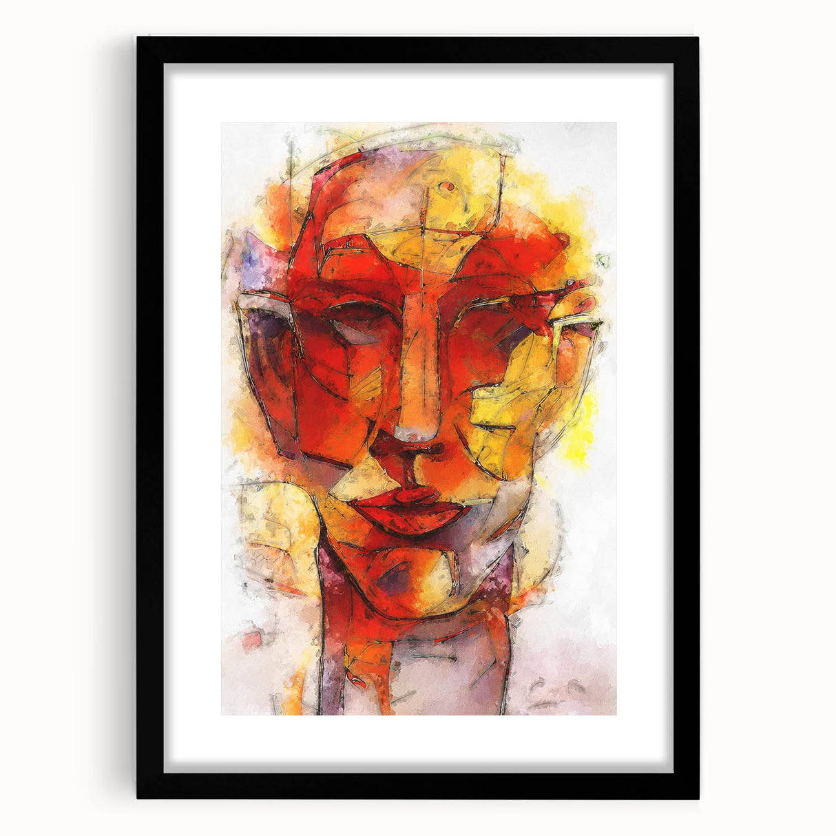 Framed abstract figurative wall art design in black, showcasing unique shapes and colors, ideal for modern home decor and artistic ambiance.