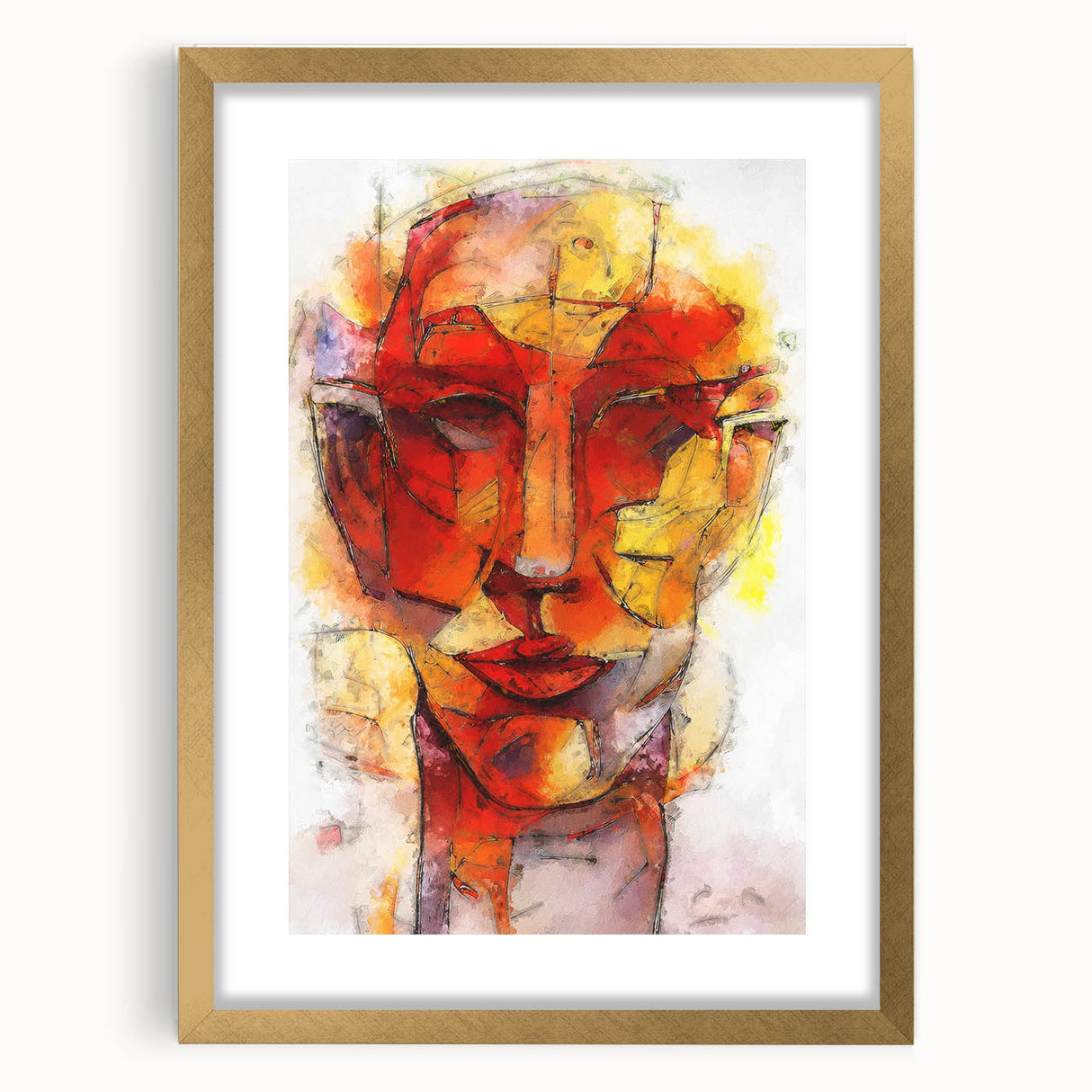 Framed abstract figurative wall art in gold, showcasing vibrant colors and unique designs, ideal for modern home decor.