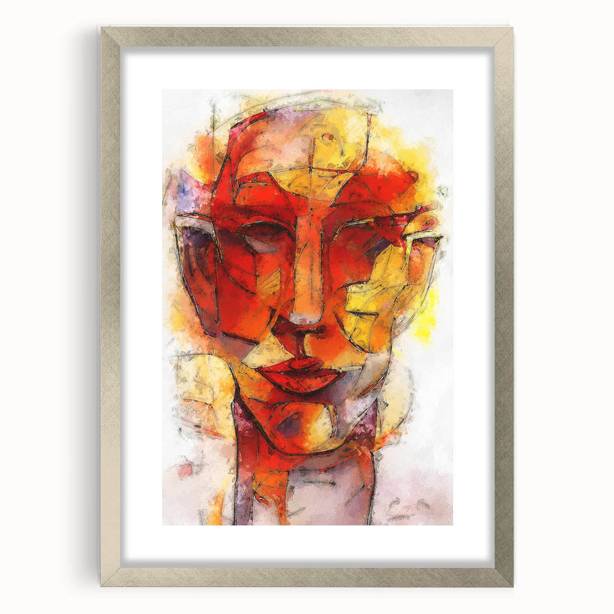Framed abstract figurative wall art featuring a striking silver mat and unique design, perfect for modern home decor.