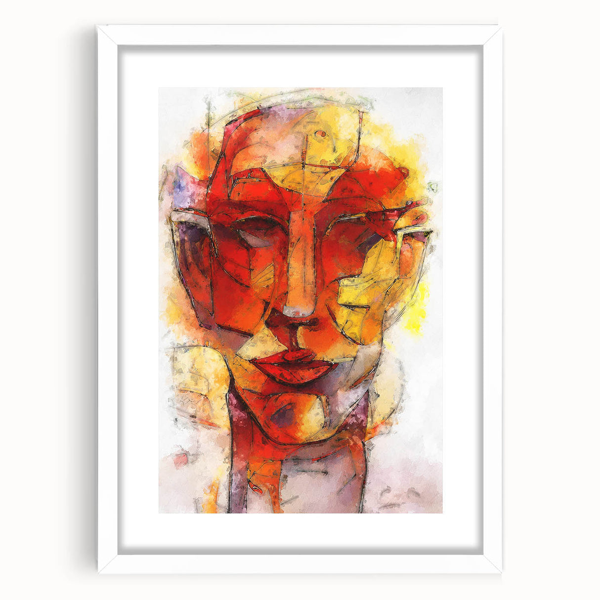 Abstract figurative wall art in a white frame, showcasing vibrant colors and dynamic shapes, perfect for modern home decor.