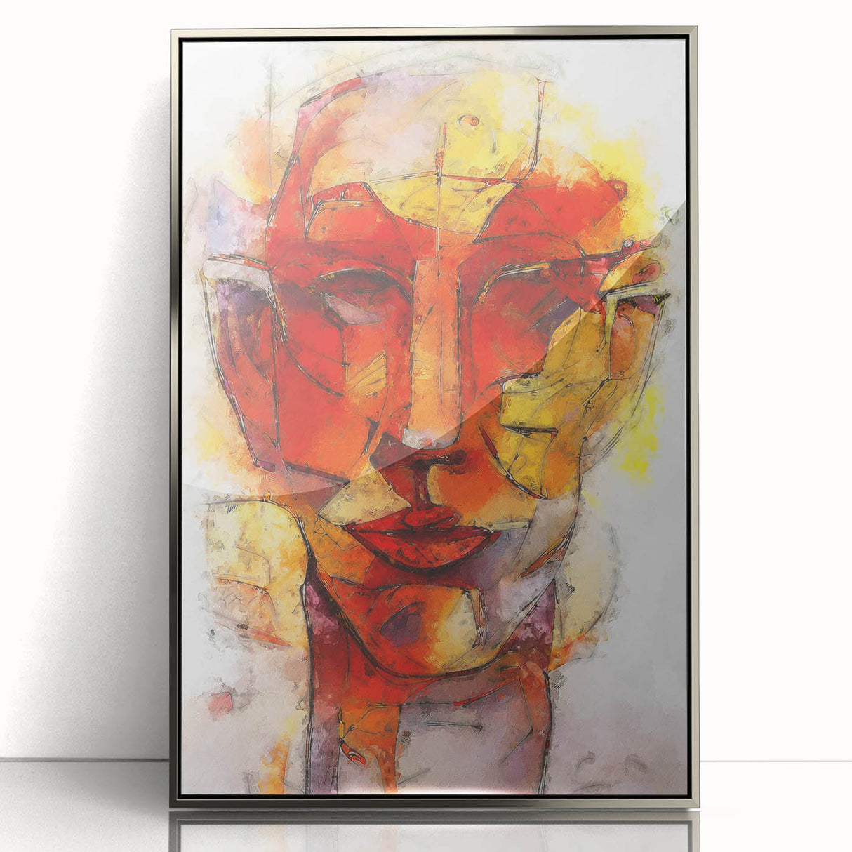 Framed abstract figurative wall art in a sleek silver frame, showcasing vibrant colors and dynamic shapes, perfect for modern decor.