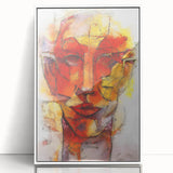 Framed abstract figurative wall art design showcasing vibrant colors and dynamic shapes, set against a white background for modern decor.