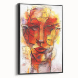 Framed abstract figurative wall art design showcasing vibrant colors and dynamic shapes, displayed with a sleek black frame in a modern setting.