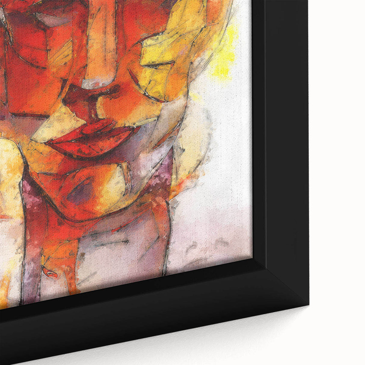 Close-up of an abstract figurative design wall art piece featuring vibrant colors and intricate brushwork, framed for an elegant display.