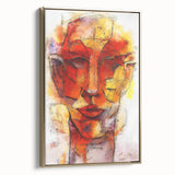 Framed abstract figurative wall art with gold accents, showcasing dynamic shapes and textures against a neutral background, ideal for modern decor.