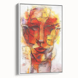 Framed abstract figurative wall art in a modern white frame, showcasing vibrant colors and dynamic shapes, perfect for contemporary decor.