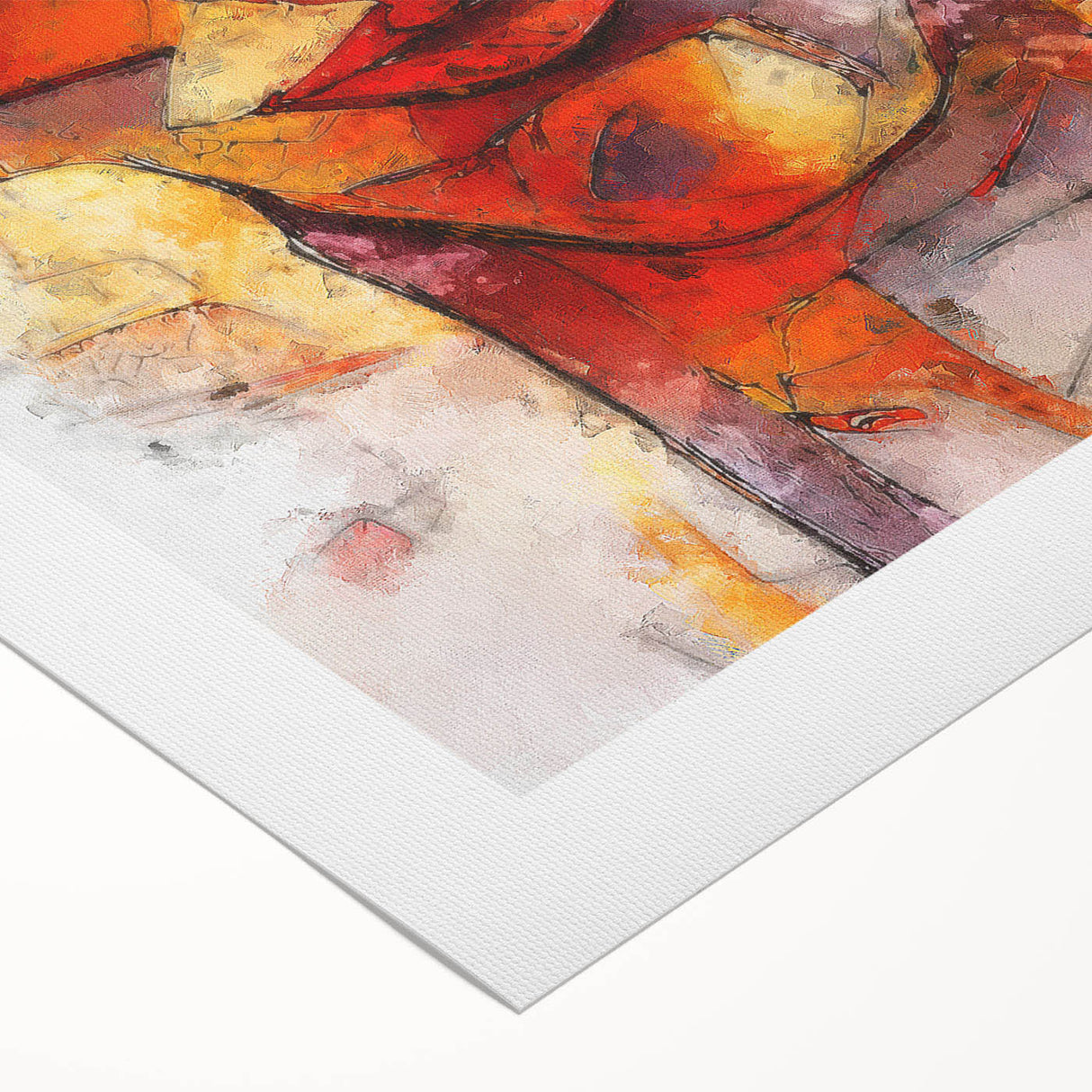 Abstract figurative wall art design on rolled canvas showcasing vibrant colors and dynamic shapes, ideal for modern home decor.