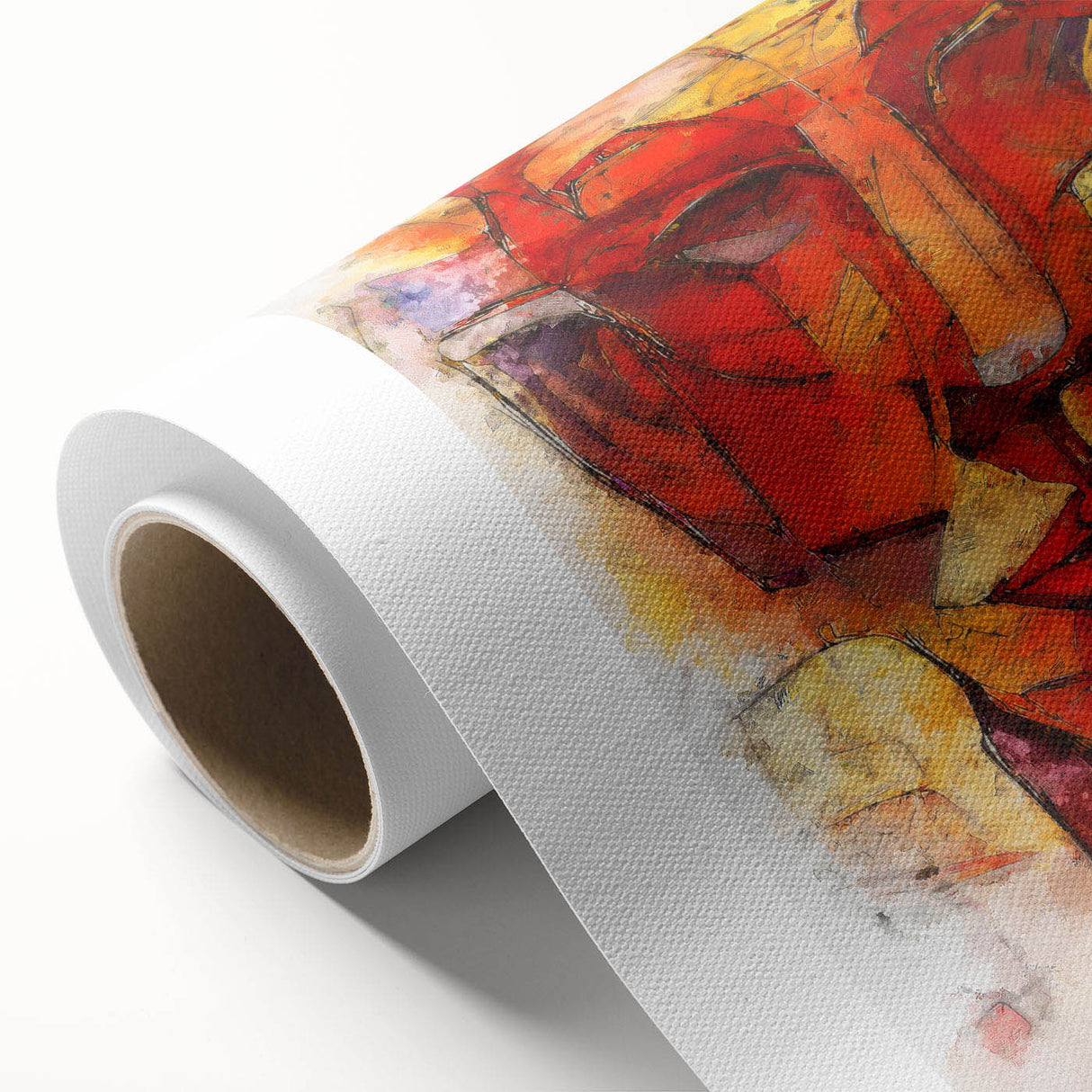 Abstract figurative wall art on rolled canvas showcasing vibrant colors and dynamic shapes, perfect for modern home decor or artistic display.