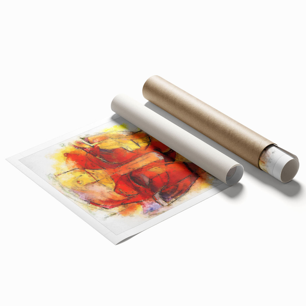 Abstract figurative wall art print showcasing vibrant colors and dynamic shapes, rolled for easy framing and display in any modern space.