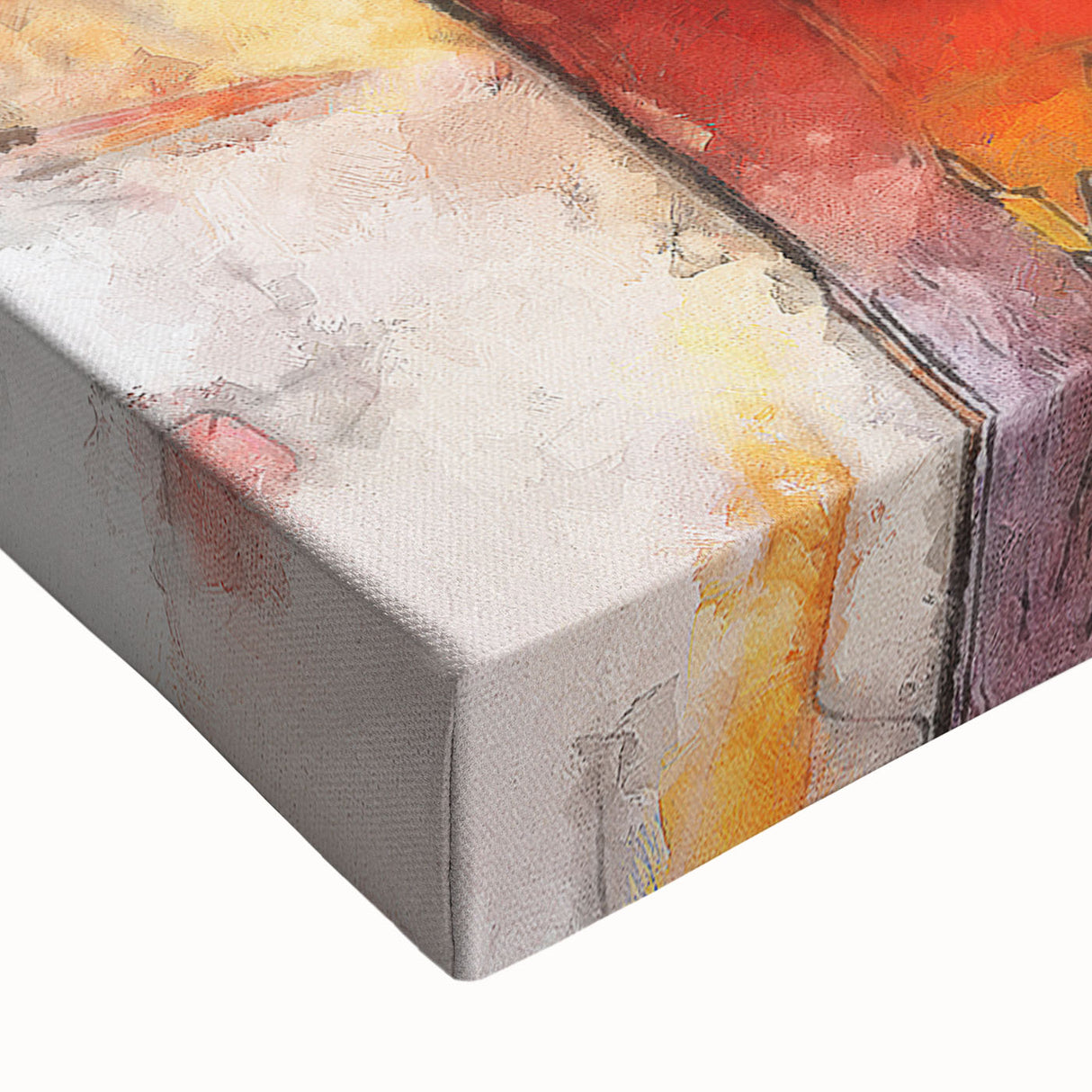 Close-up of abstract figurative wall art on stretched canvas, showcasing vibrant colors and intricate details, ideal for modern decor.