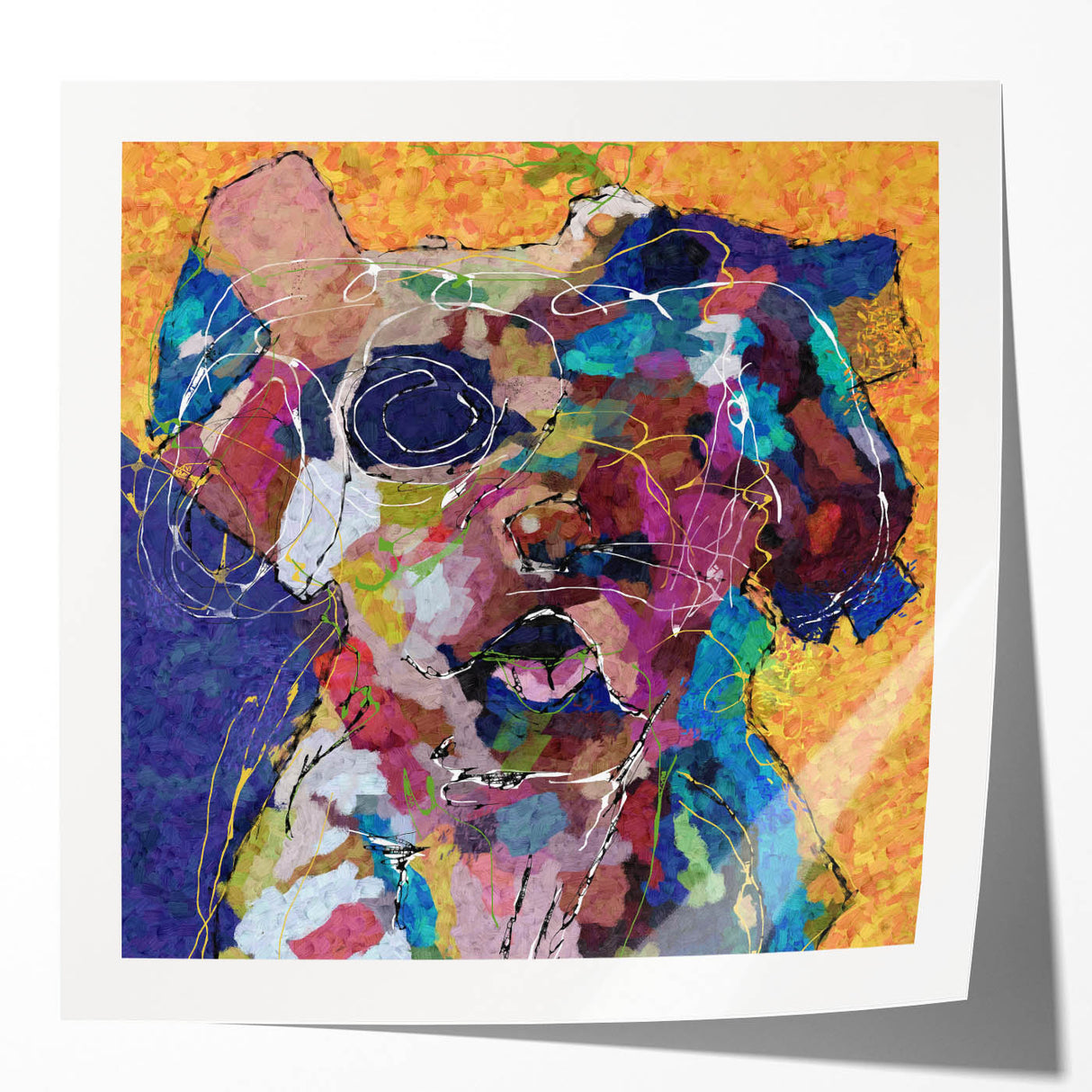 Abstract figurative wall art print showcasing vibrant colors and dynamic shapes, perfect for modern home decor and artistic expression.