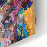 Close-up of vibrant abstract figurative wall art design, showcasing bold colors and fluid shapes on acrylic glass, perfect for modern decor.