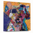 Side view of an abstract figurative wall art piece displayed on acrylic glass, showcasing vibrant colors and modern design elements with visible pins.