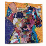 Side view of an abstract figurative wall art piece displayed on acrylic glass, showcasing vibrant colors and modern design elements with visible pins.
