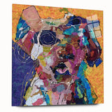 Abstract figurative wall art collection displayed in a sleek acrylic glass frame, showcasing vibrant colors and dynamic shapes for modern decor.