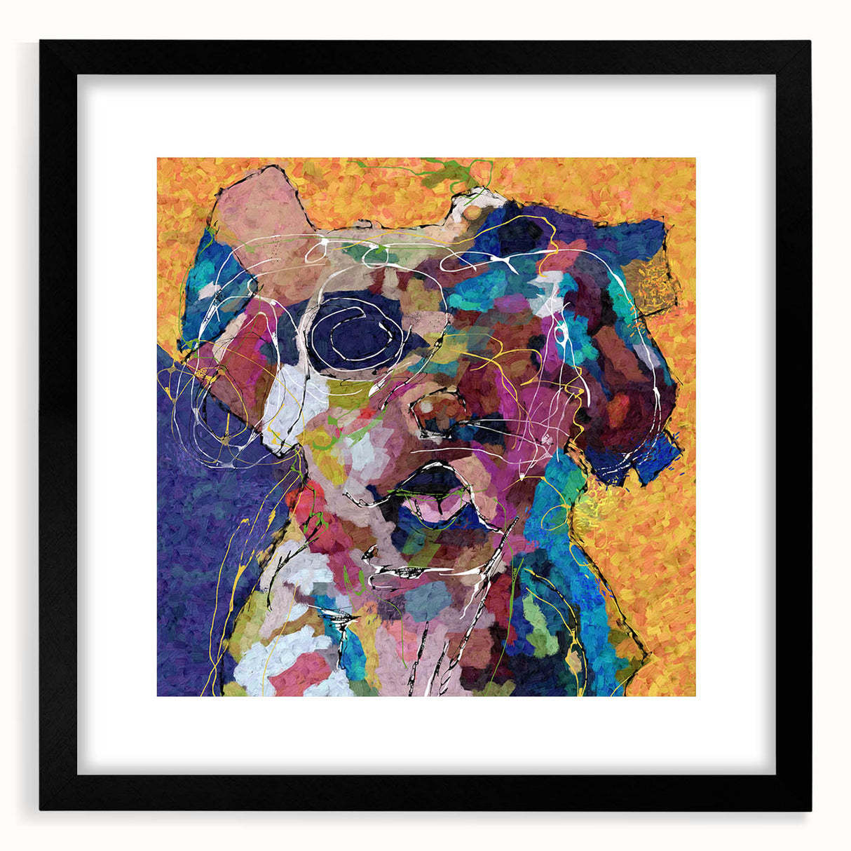 Abstract figurative wall art featuring vibrant colors and dynamic shapes, showcased in a sleek black frame with matting for an elegant look.