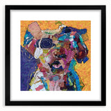 Abstract figurative wall art featuring vibrant colors and dynamic shapes, showcased in a sleek black frame with matting for an elegant look.