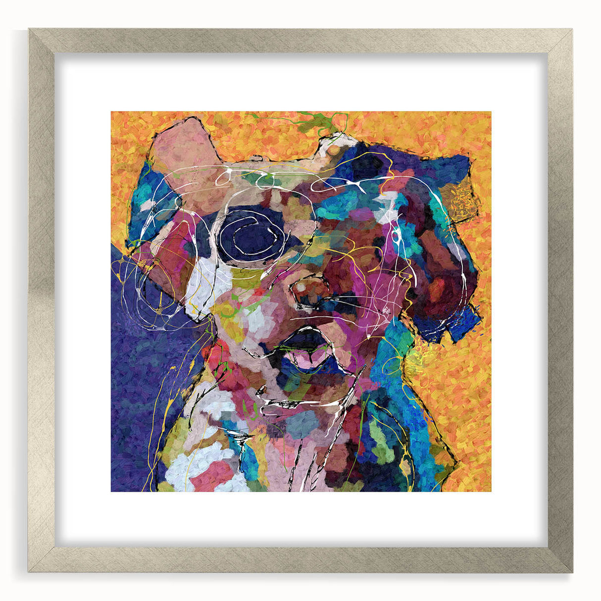 Abstract figurative wall art collection featuring a silver frame and mat, showcasing vibrant colors and dynamic shapes for modern decor.
