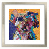 Abstract figurative wall art collection featuring a silver frame and mat, showcasing vibrant colors and dynamic shapes for modern decor.