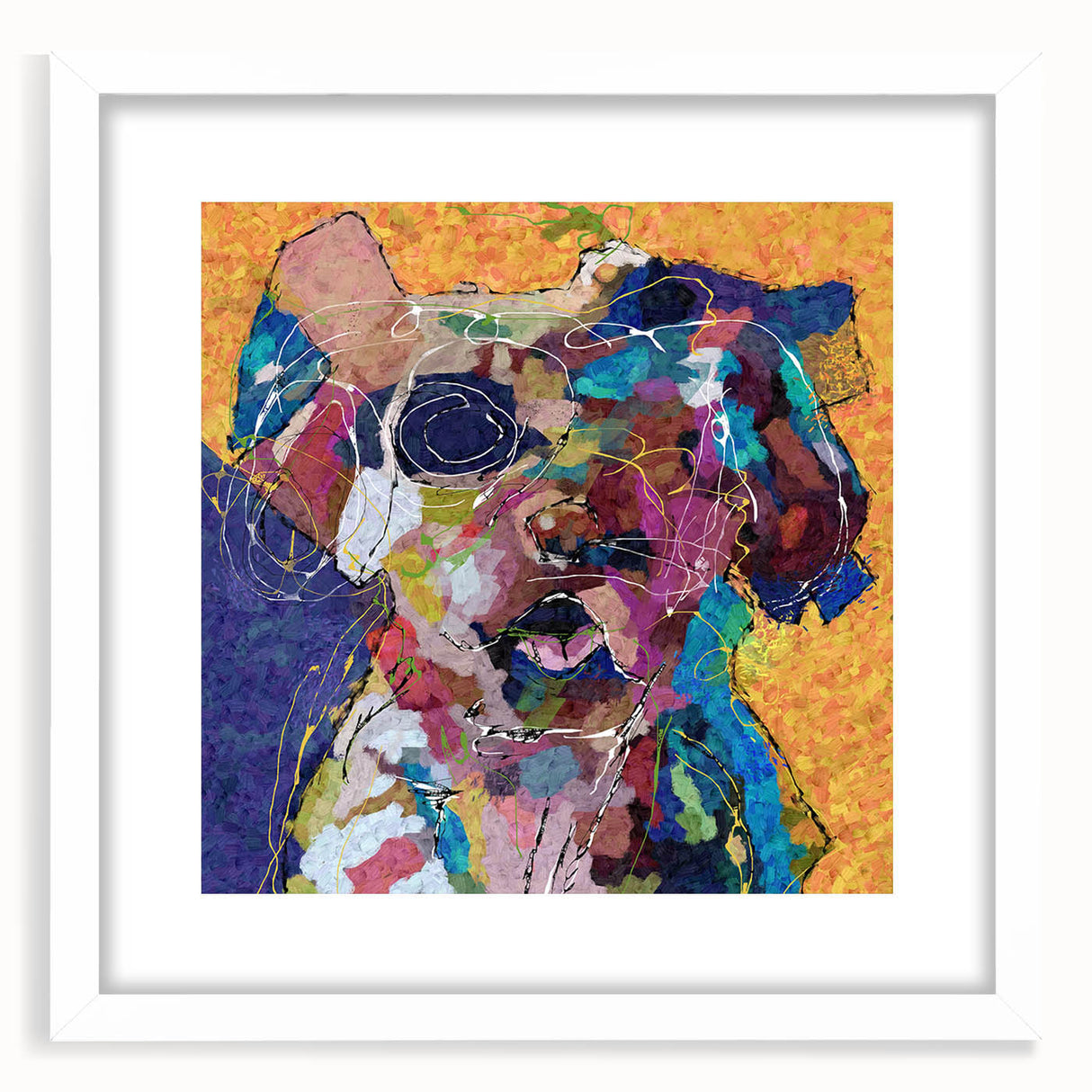Framed abstract figurative wall art featuring vibrant colors and dynamic shapes, accented by a sleek white mat for an elegant display.