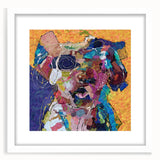 Framed abstract figurative wall art featuring vibrant colors and dynamic shapes, accented by a sleek white mat for an elegant display.