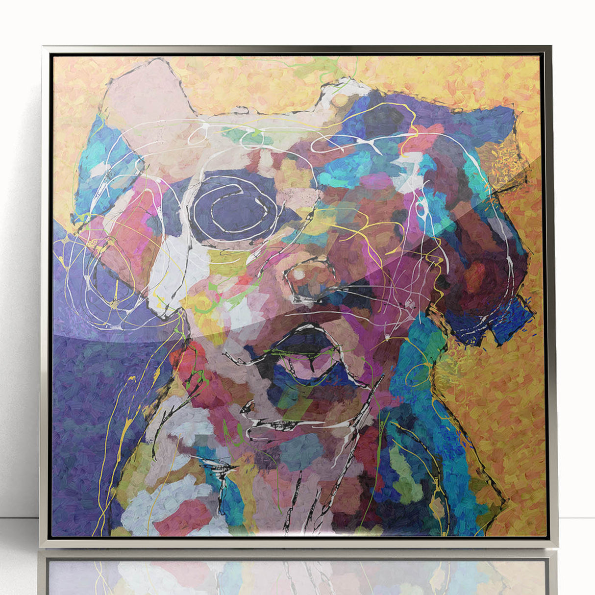 Framed abstract figurative wall art design showcasing a silver-acrylic finish with fluid shapes, enhancing modern decor aesthetics.