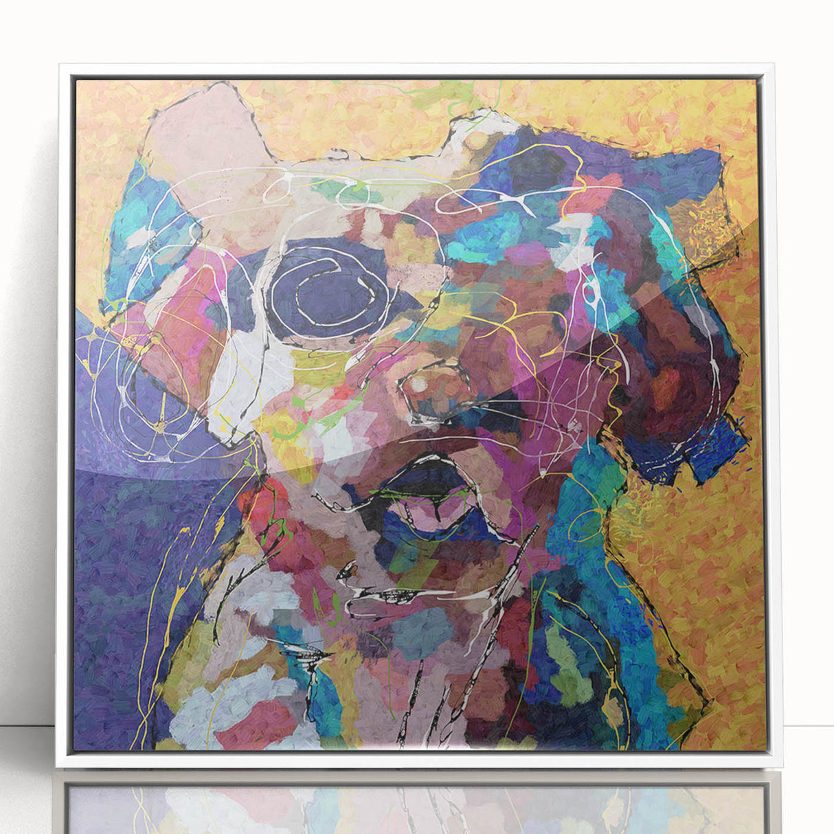 Framed abstract figurative wall art design featuring vibrant colors and fluid shapes, showcased in a sleek white frame, perfect for modern decor.