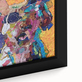 Framed abstract figurative wall art featuring vibrant colors and dynamic shapes, perfect for modern interior decor. Close-up showcases textured details.