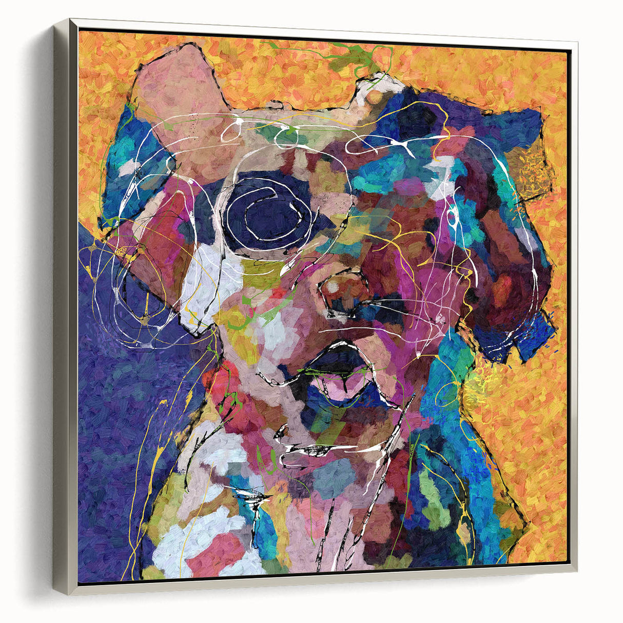 Framed abstract figurative wall art in a silver frame, showcasing a modern design with vibrant colors and dynamic shapes, ideal for contemporary decor.