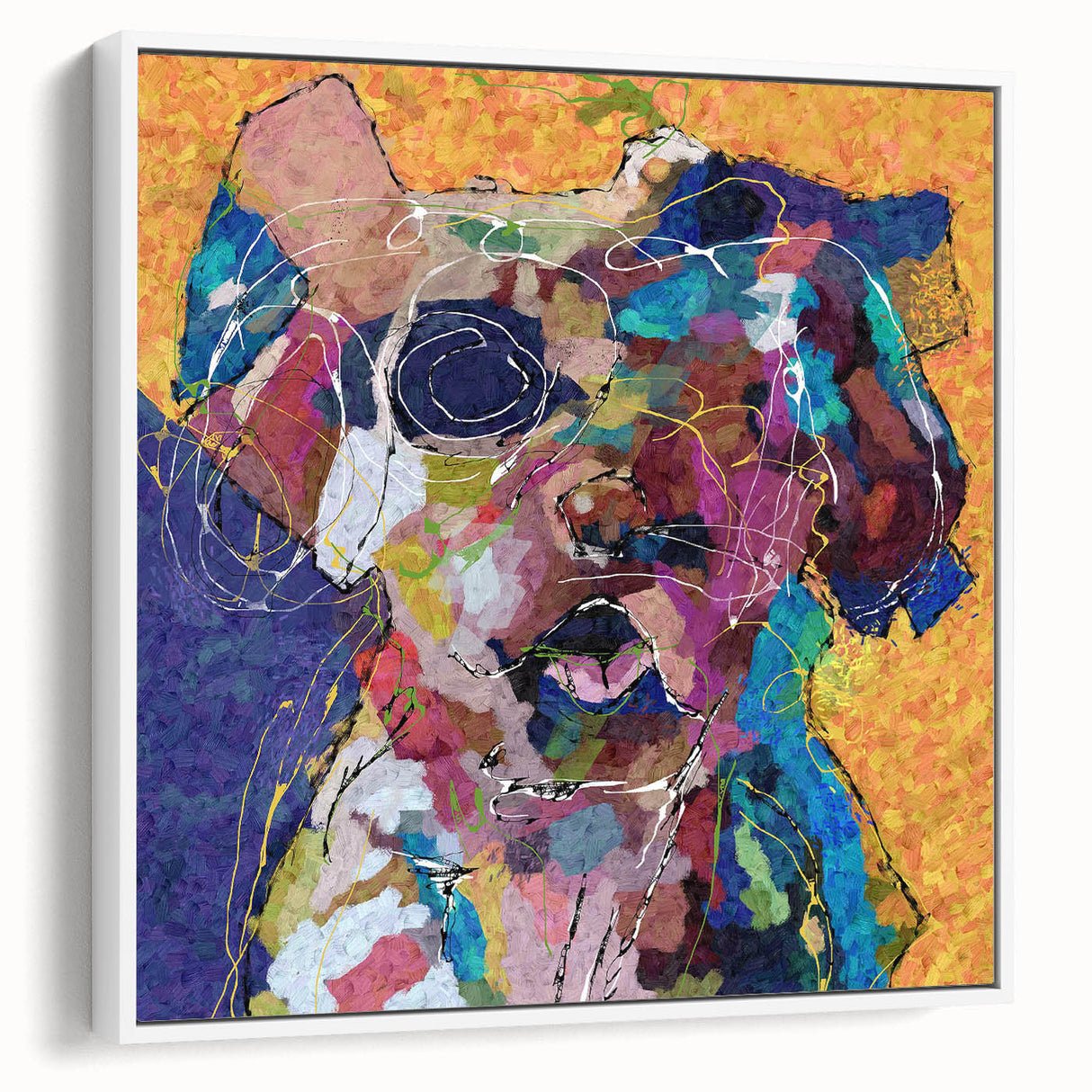 Framed abstract figurative wall art design showcasing vibrant colors and dynamic shapes, set against a white backdrop for modern decor.