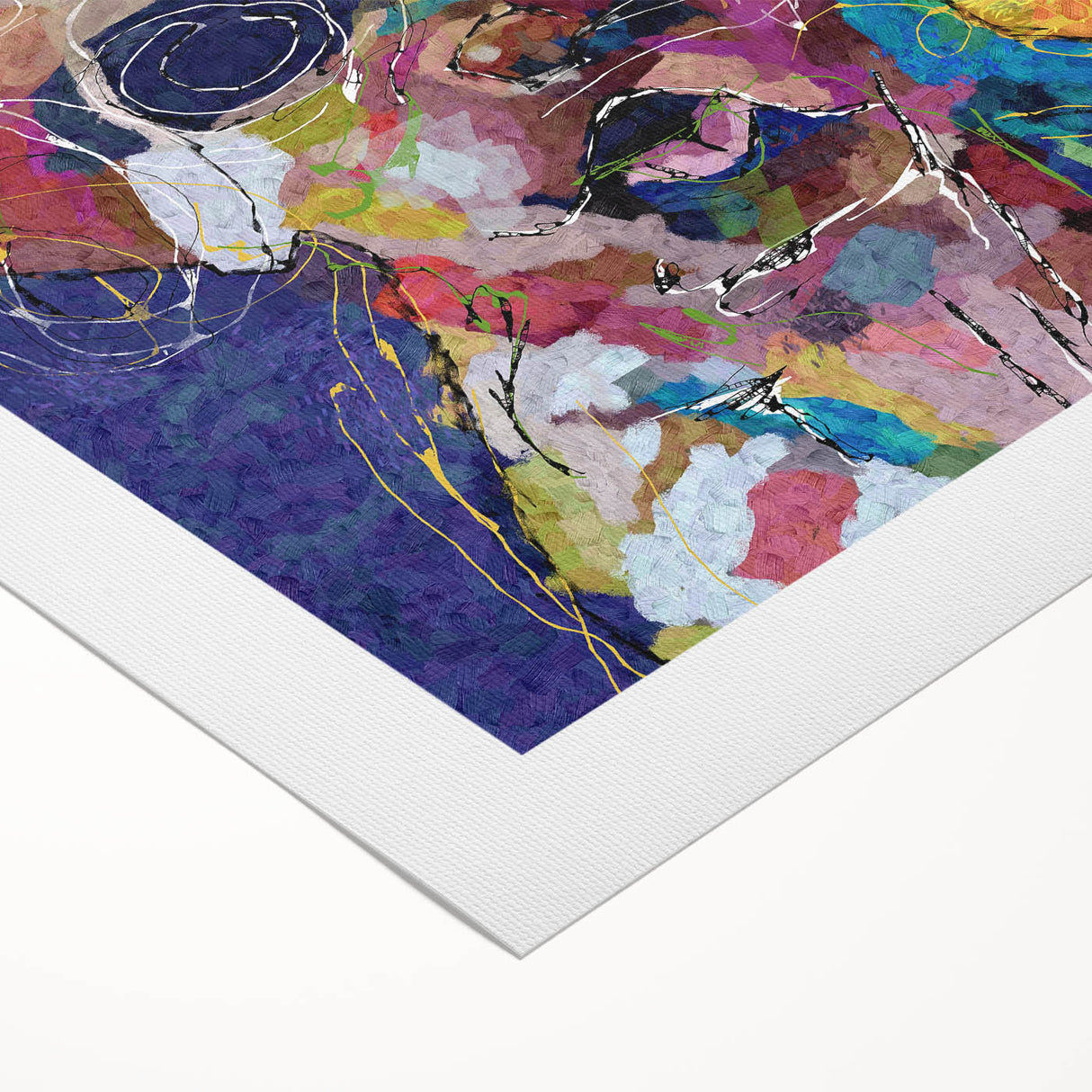 Abstract figurative wall art on rolled canvas, showcasing vibrant colors and dynamic shapes, perfect for modern home decor.