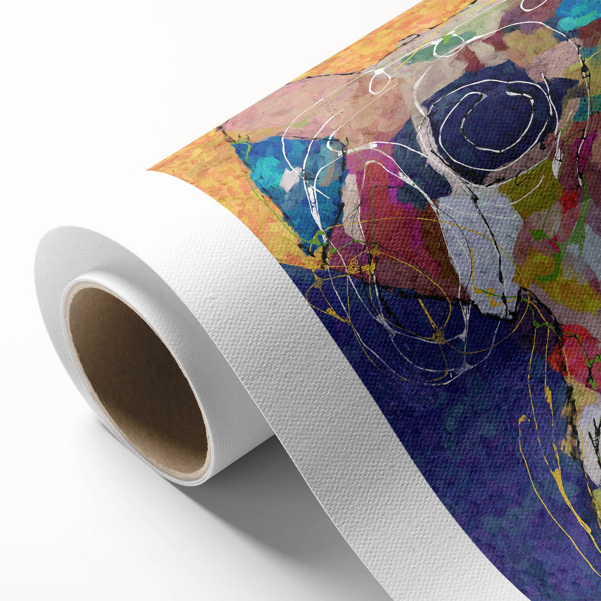 Abstract figurative wall art on rolled canvas showcasing vibrant colors and dynamic shapes, perfect for modern home décor or office spaces.