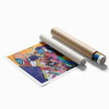 Abstract figurative wall art print showcasing vibrant colors and dynamic shapes, perfect for modern home decor, rolled for easy framing.