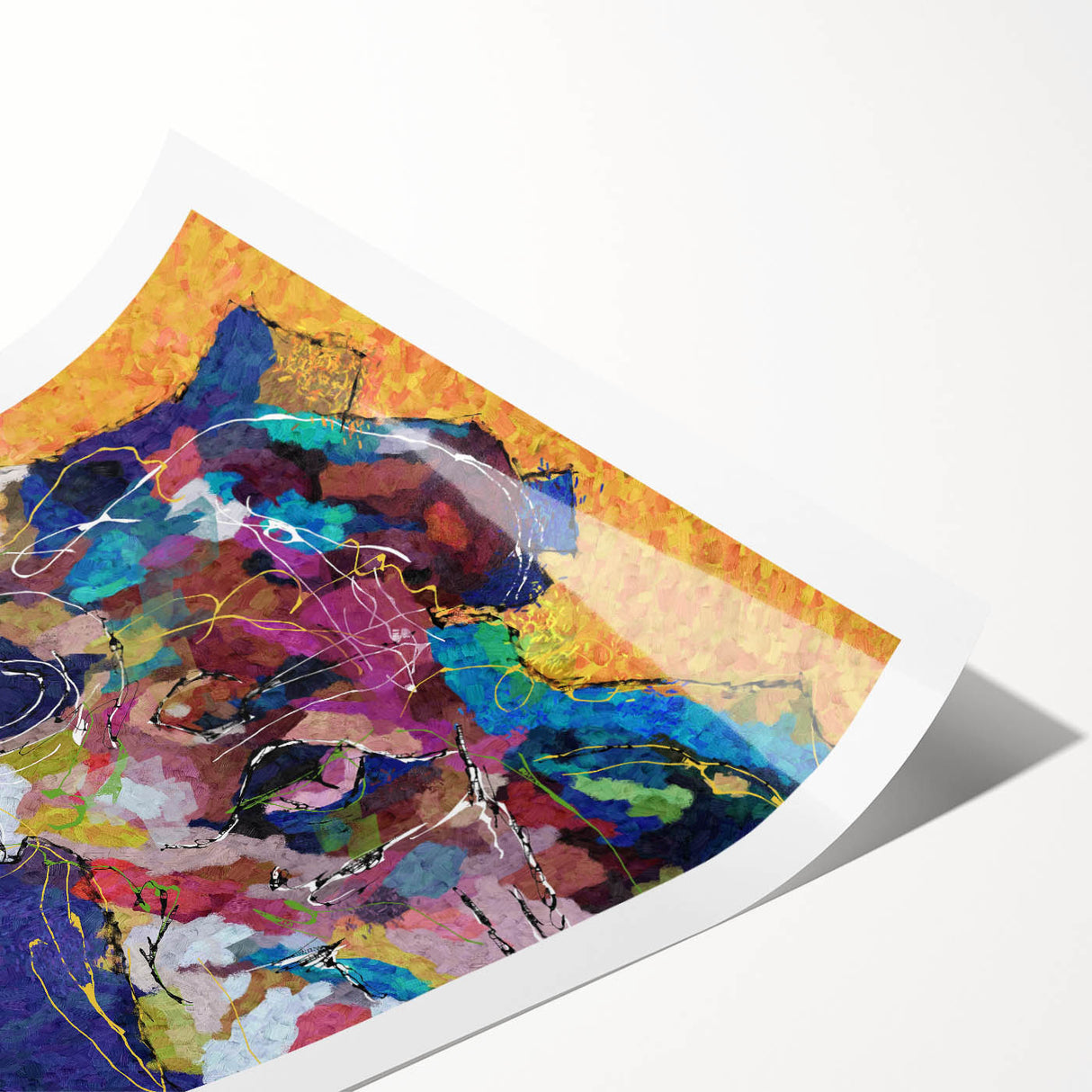 Abstract figurative wall art print showcasing vibrant colors and dynamic shapes, rolled for easy shipping and display in modern decor.