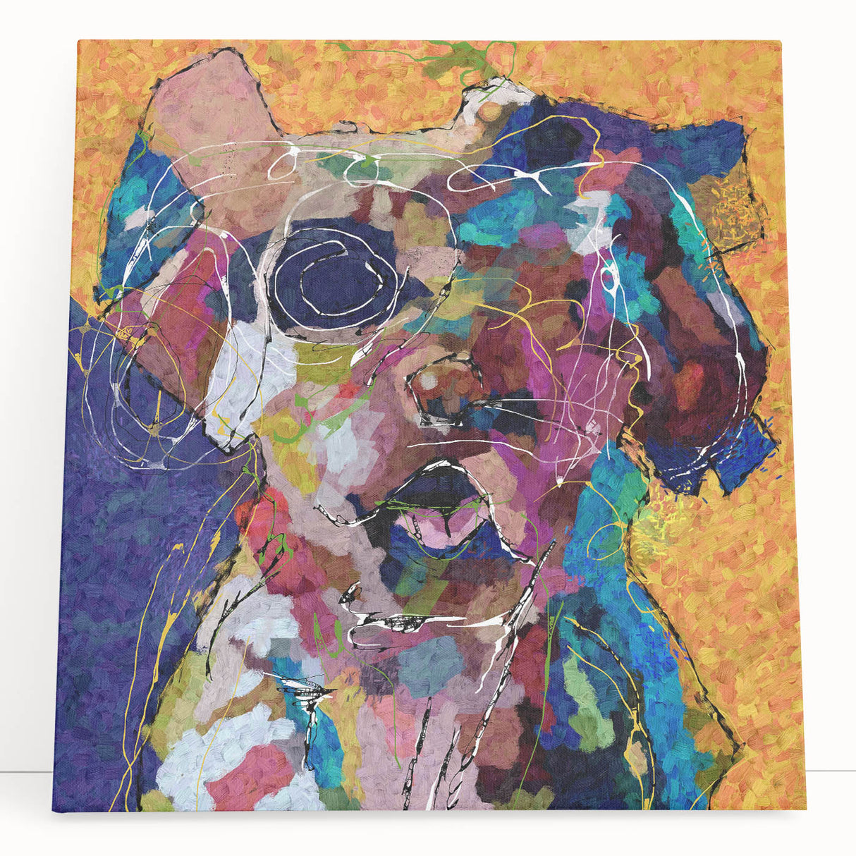 Abstract figurative wall art design on stretched canvas, showcasing vibrant colors and dynamic shapes, perfect for modern home decor.